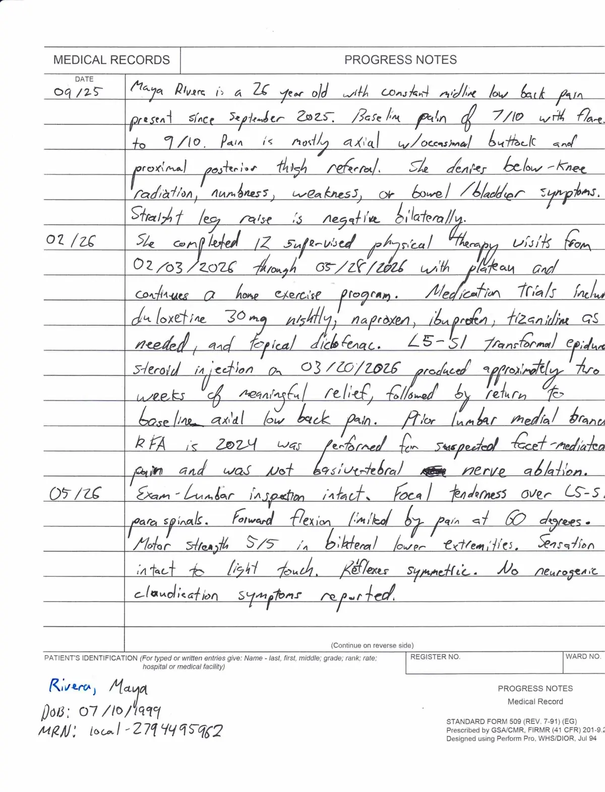 Handwritten progress note, page 5 of a scanned prior-authorization packet