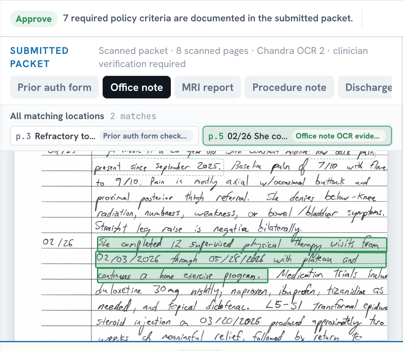 The workbench highlighting a handwritten physical-therapy course on a scanned progress note, matched to the failed-conservative-care criterion with OCR evidence chips